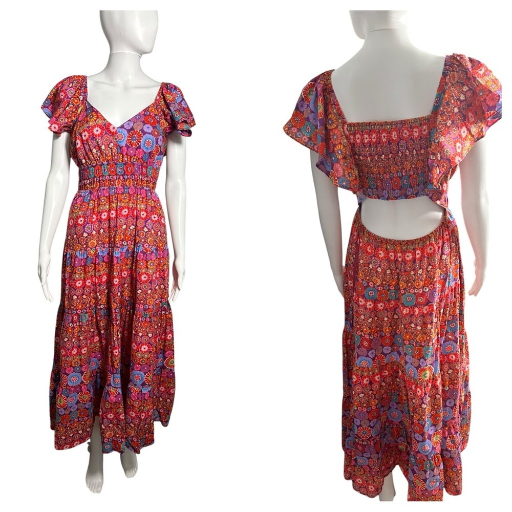 Hinge Red and Blue Floral Backless Dress M